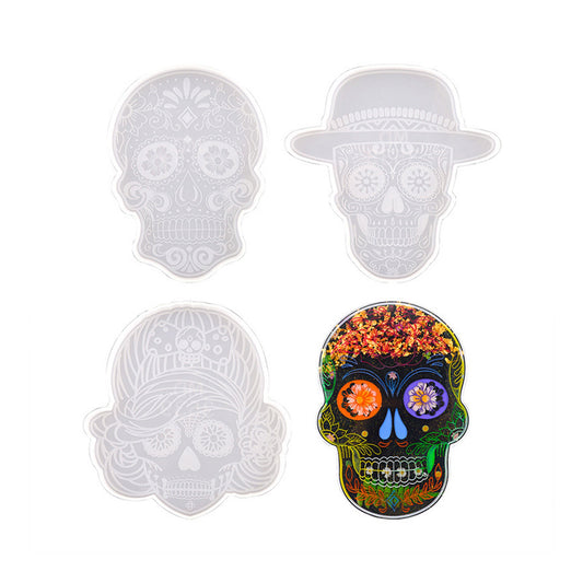 Sugar Skull Coaster Set with 4 Silicone Moulds, Skull Coaster Silicone Molds, Calavera Cup Mat Set Silicone Mould, Sugar Skull Coaster Mold