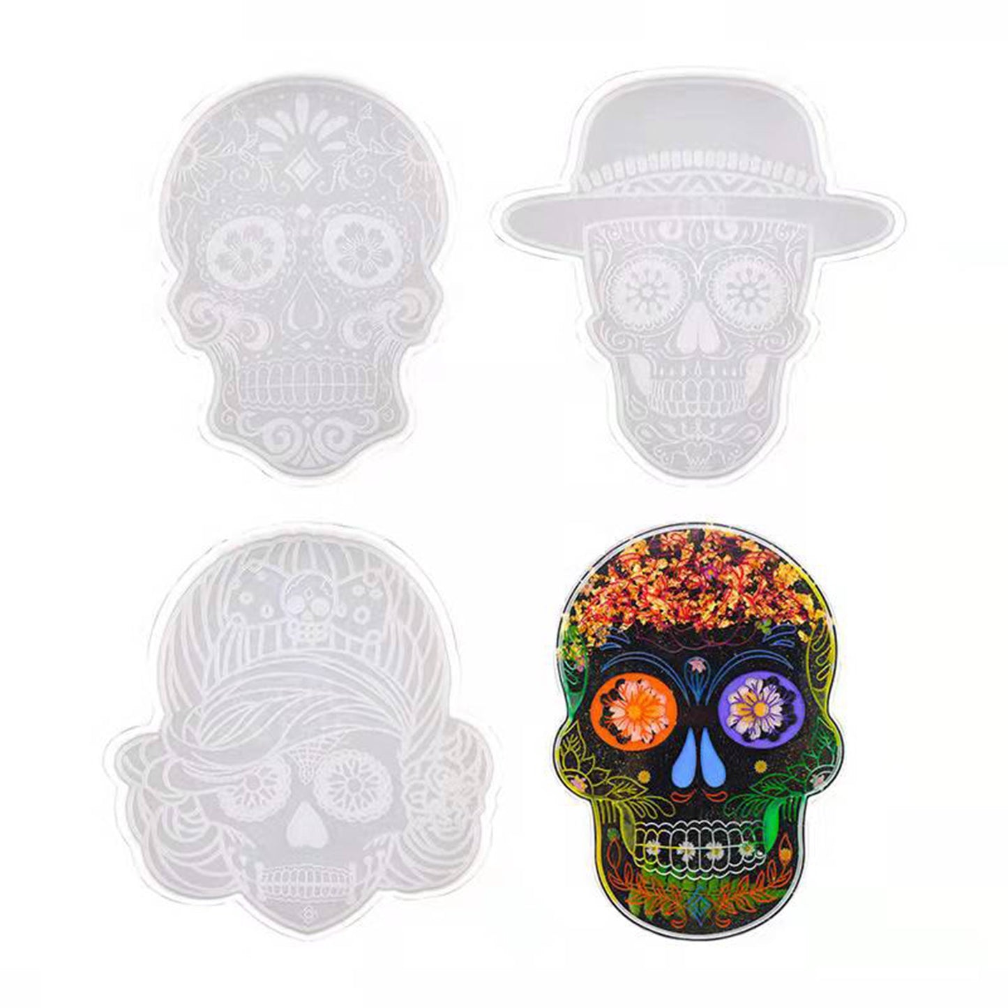 Sugar Skull Coaster Set with 4 Silicone Moulds, Skull Coaster Silicone Molds, Calavera Cup Mat Set Silicone Mould, Sugar Skull Coaster Mold