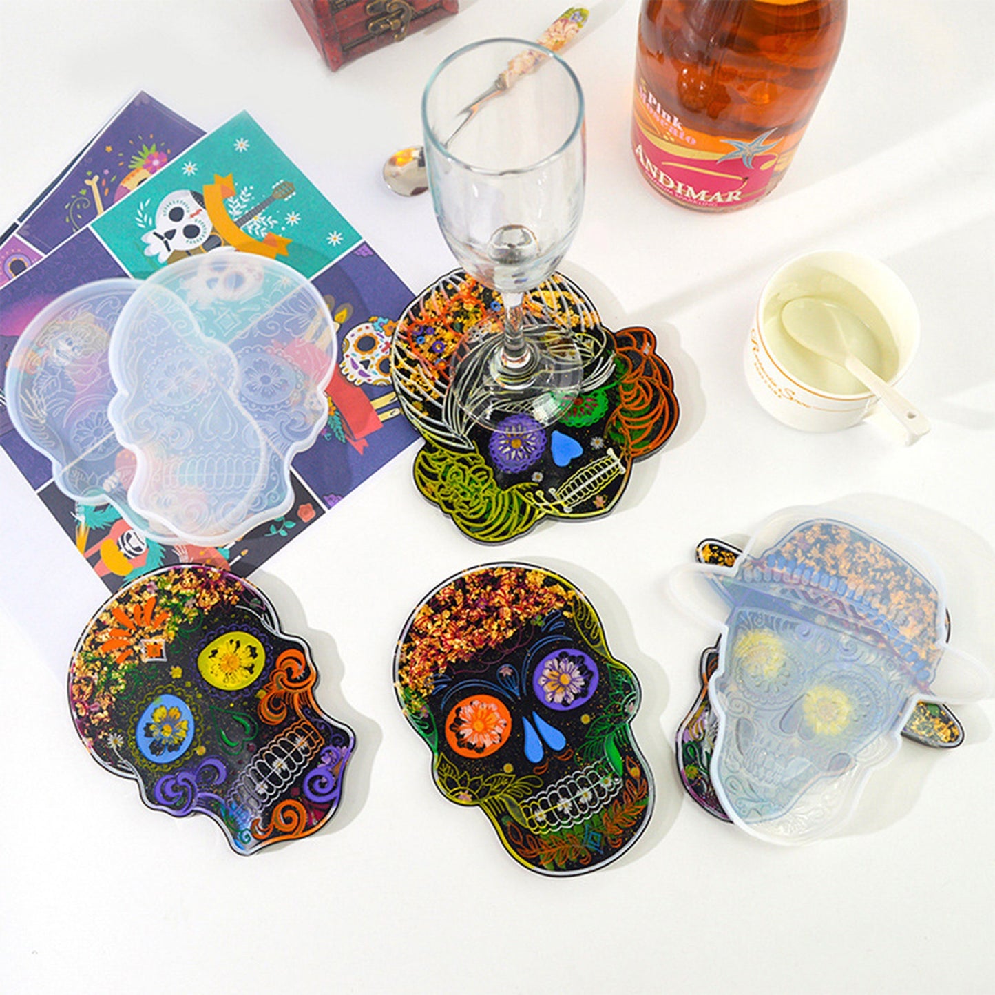 Sugar Skull Coaster Set with 4 Silicone Moulds, Skull Coaster Silicone Molds, Calavera Cup Mat Set Silicone Mould, Sugar Skull Coaster Mold