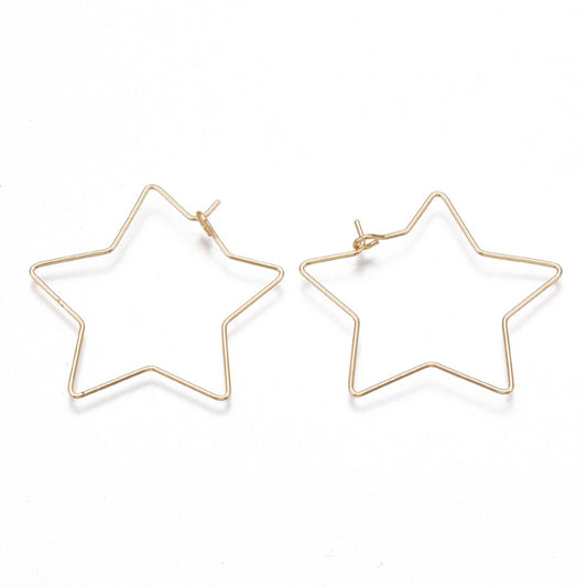 2/4 x pair of Star Earring Hoops, 18K Gold plated Brass, 20 Gauge