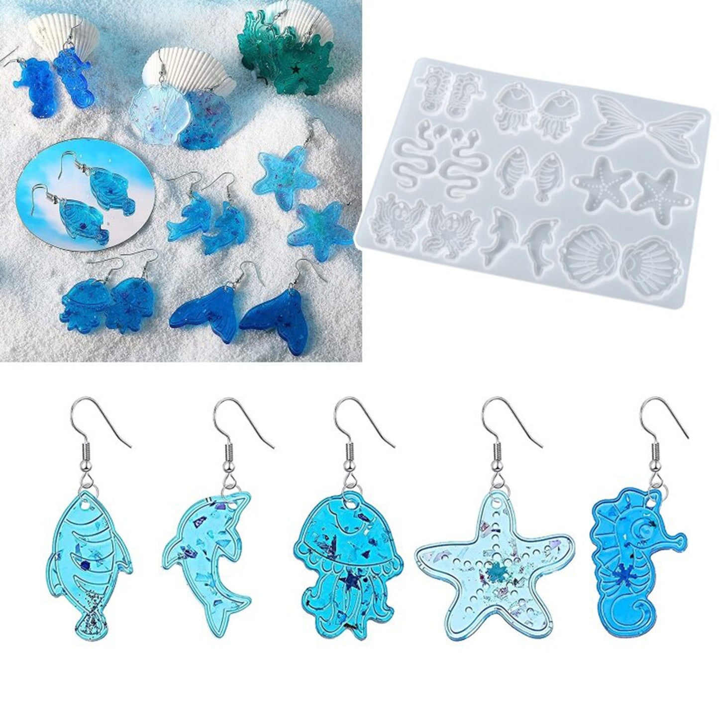 Ocean Earring Silicone Mould, Water Animals Earring Epoxy Resin Pendant Mold, Starfish Jewellery Polymer Clay Tool, Jellyfish UV Resin Molds