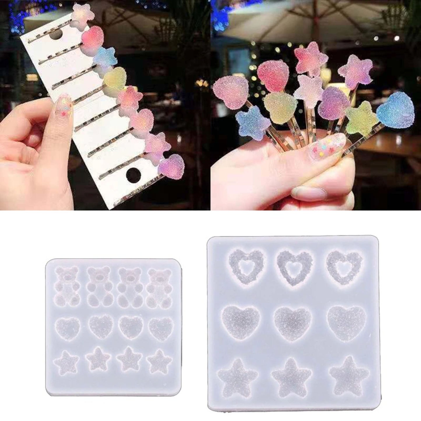 Candy Heart Hair Pin Silicone Mould, Gummy Bear Hair Pin Epoxy Resin Pendant Mold, Sugar Coated Star Earring Jewellery UV Resin Moulds