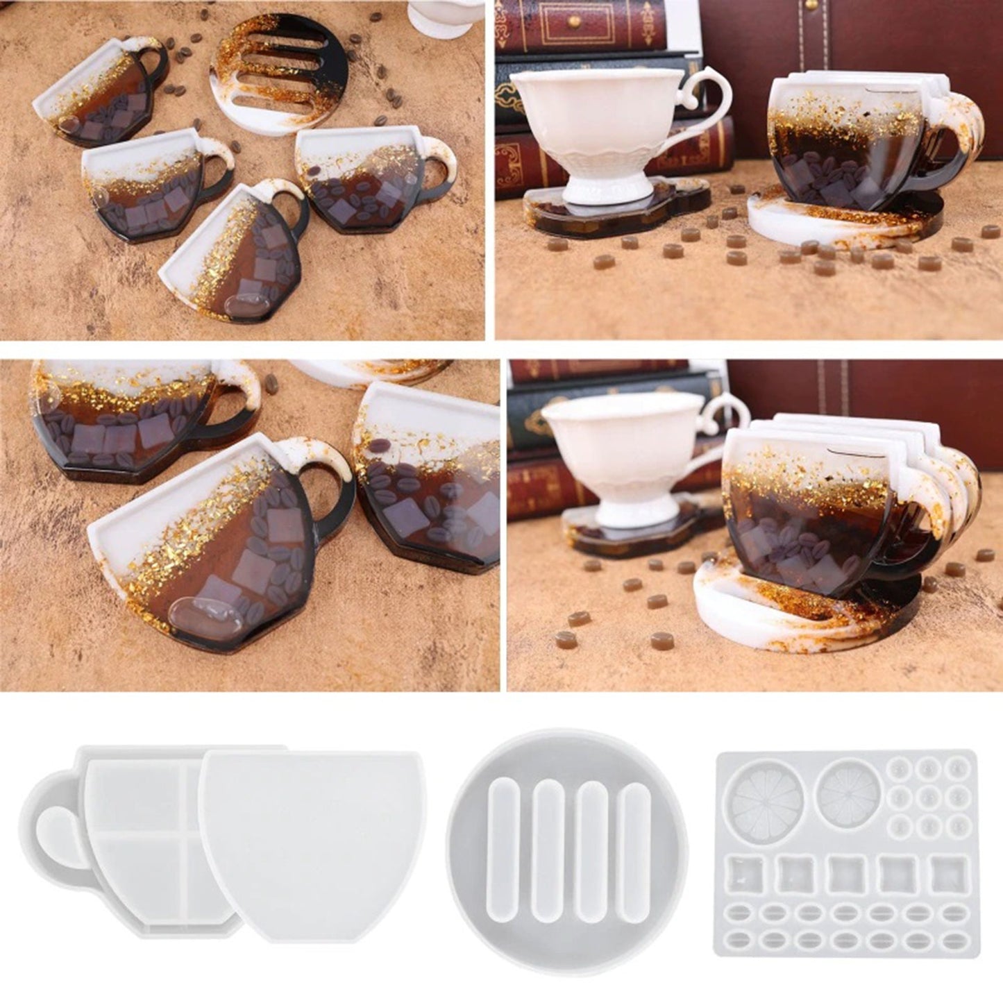 Coffee Cup Coaster Set with Holder Silicone Mould, Shaker Coaster Set Silicone Molds, Coaster and Base Stand Silicone Moulds, Coffee Beans