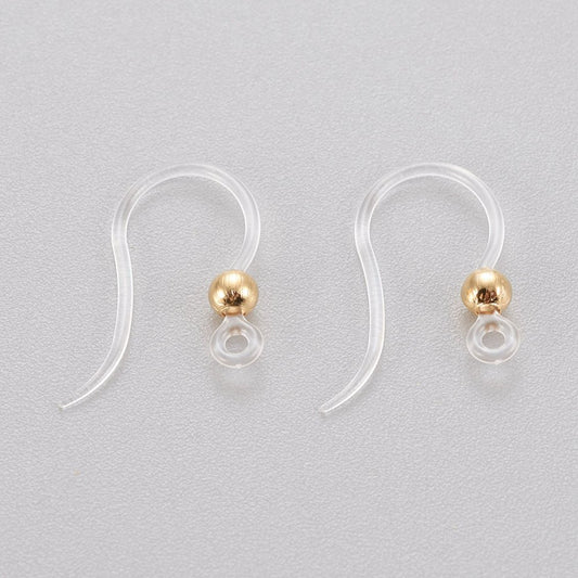 Hypoallergenic Earring Hook, Eco-Friendly Plastic Earring Hooks, with 304 Stainless Steel Gold Plated Bead - 10pcs or 20 pcs