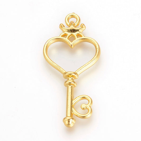 Key Open Back Bezel Jewellery Pendant, Heart Skeleton Key Open Back Bezels for UV resin, Golden Key Earring Charms Necklace Pendants